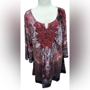🆕ONE WORLD Embellished Longline Tunic - Burgundy & Brown M🆕